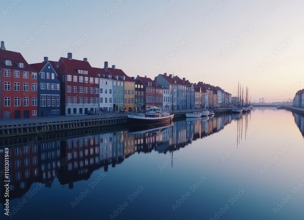 Fototapeta premium Colorful Buildings Reflecting on a Canal in Europe