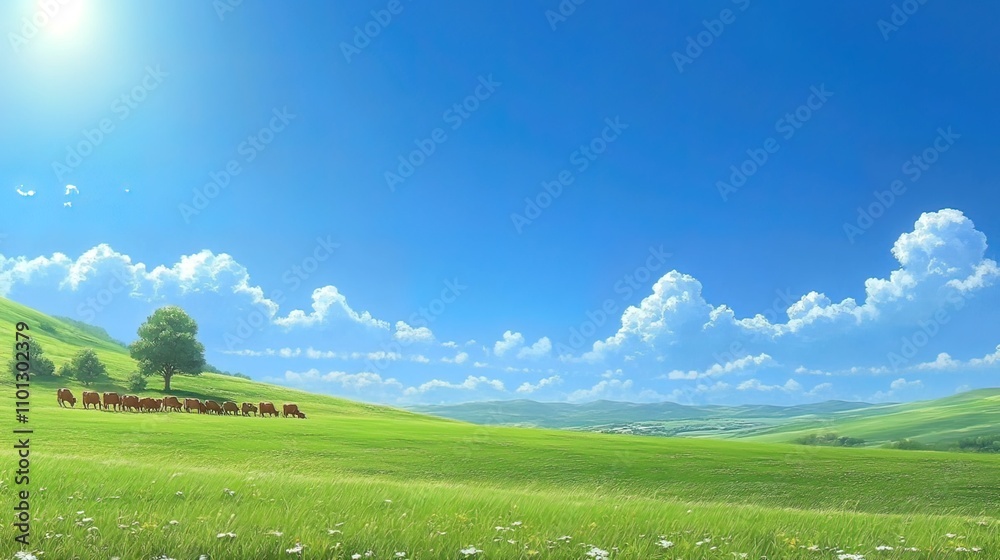 Fototapeta premium A picturesque green field with a herd of brown cows grazing under a bright blue sky with fluffy white clouds.