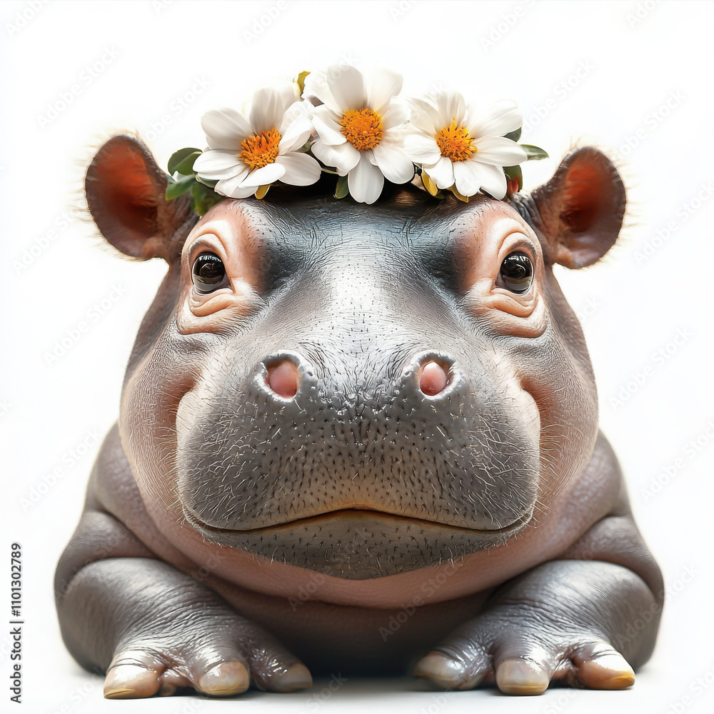 Naklejka premium Hippo with flower crown, cute expression, white isolate background