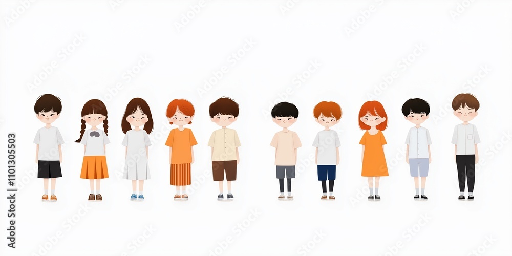 Fototapeta premium A group of children are standing in a line, with some wearing orange shirts. The image has a cheerful and playful mood, as the children are depicted as cute and friendly