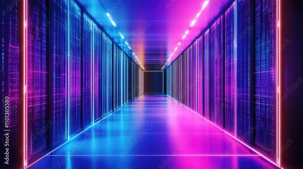 Vibrant Neon Hallway in a Futuristic Data Center Vibrant Neon Hallway in a Futuristic Data Center