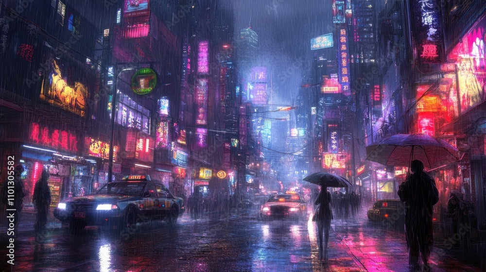 Fototapeta premium Neon-Lit City Under Heavy Rainfall - Futuristic Urban Nightscape
