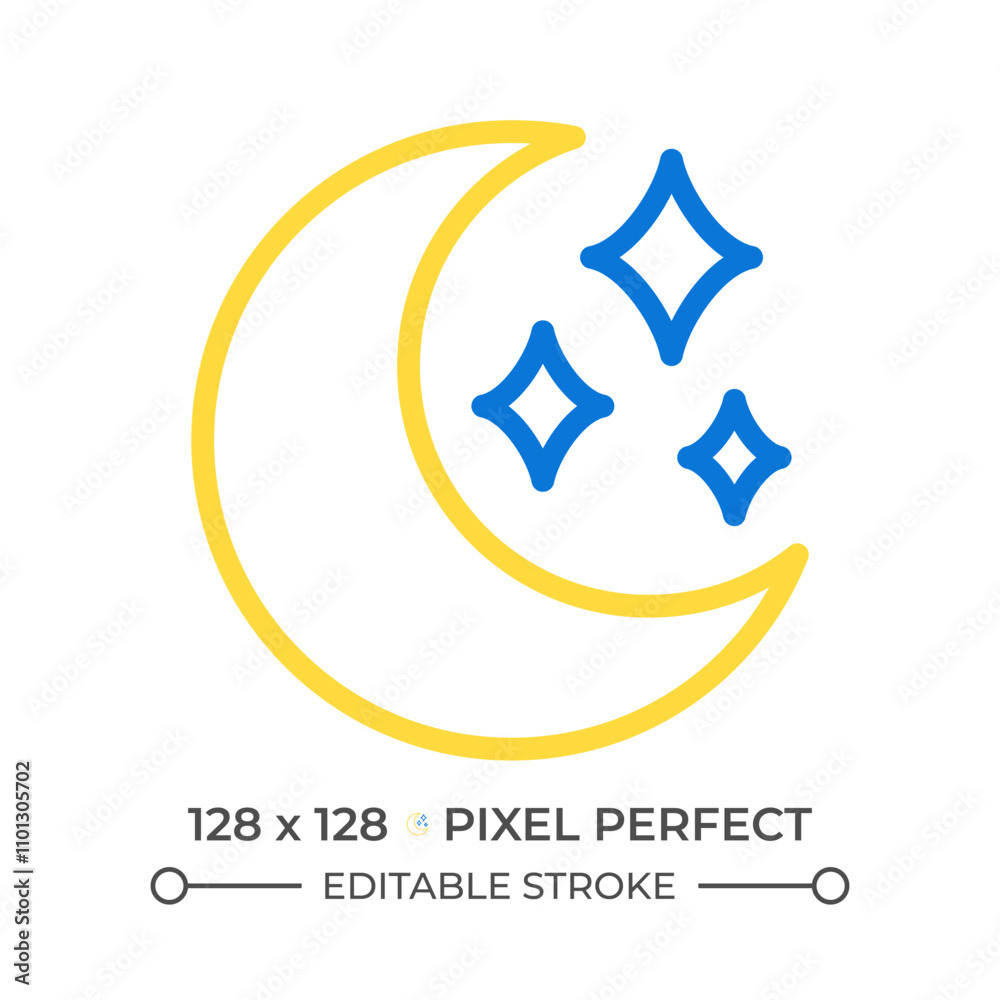 Obraz premium Moon two color line icon. Crescent moon accompanied by sparkling stars. Symbol of nighttime and calmness bicolor outline symbol. Duotone linear pictogram. Isolated illustration. Editable stroke