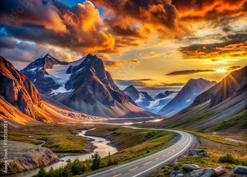 Breathtaking Sunset Over Akshayuk Pass in Baffin Island: Last Rays of Light on Peaks and Glaciers of the Arctic Summer Wilderness photo