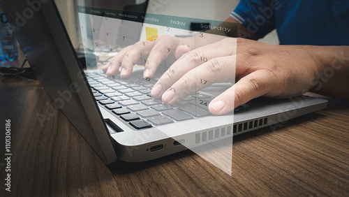 Person managing time for efficient work Calendar on virtual screen interface Calendar Check your appointments on your computer screen