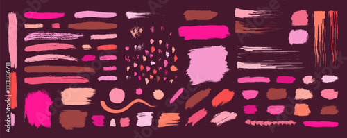 Makeup swatch brush strokes. Abstract vector facial make up brushstroke set. Hand-drawn cosmetic pink blush color textures kit. Foundation, lipstick, compact powder, blush color swatches collection