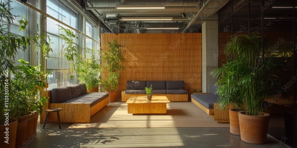 Fototapeta premium Sunlit seating area with bamboo furniture and vibrant indoor plants