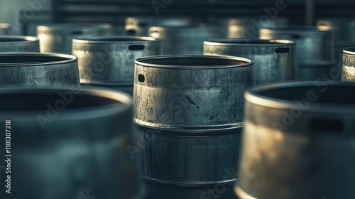 A row of stainless steel barrels in a factory setting, with a focus on the one in the center.