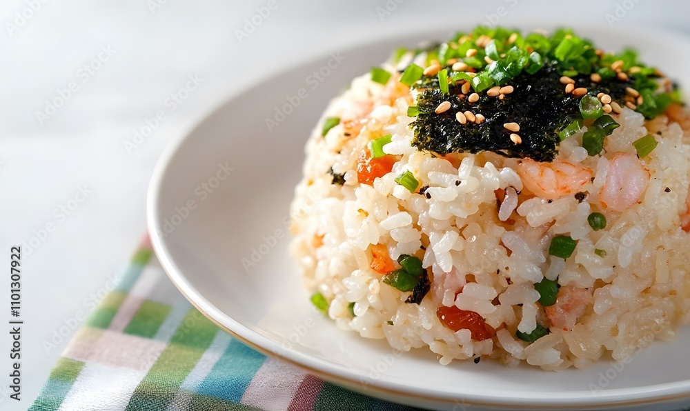 Shrimp fried rice in a round shape is served on a white plate. Generative AI 