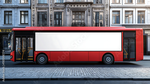 Side view of a red city bus with a large blank white mockup area. created with Generative AI technology