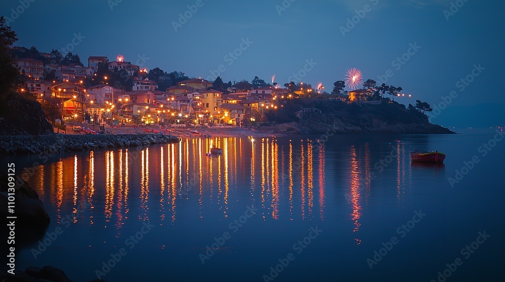 Fototapeta premium Scenic Coastal Town Illuminated by Fireworks and Decorative Lights for New Year's Celebrations