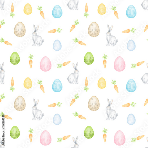 rabbit, carrot, easter eggs. Watercolor seamless pattern on white background in pastel colors. Cute easter illustration for textile and wrapping paper