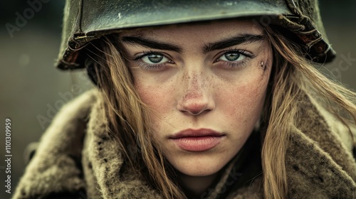 Female soldier in World War II uniform, intense gaze, historical accuracy, cinematic portrait, gritty and detailed
