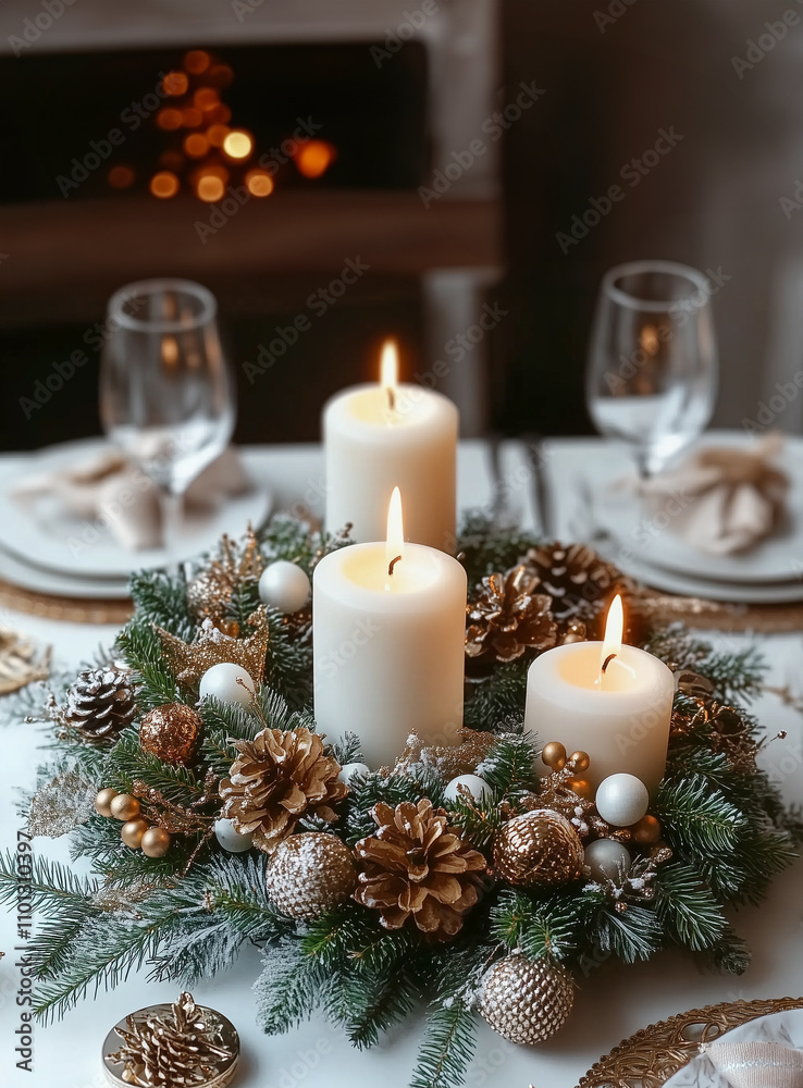 Christmas wreath with candles on dinner table at fireplace background with bokeh, cozy winter lifestyle Christmas wreath with candles on dinner table at fireplace background with bokeh, cozy winter lifestyle