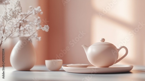 Wallpaper Mural Minimalist tea set with elegant design, soft pastel colors, cozy and serene, isolated on clean surface, warm and inviting atmosphere, home decor Torontodigital.ca