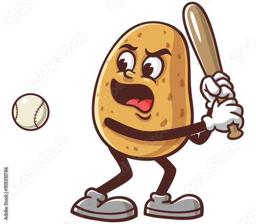 Potato playing baseball,  Cartoon Mascot Illustration Character Vector Clip-art hand-drawn Logo Design