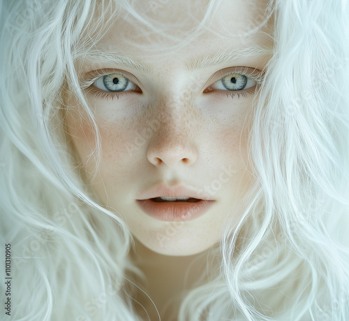 Beautiful albino women face with white hair, blue eyes and pale skin photo