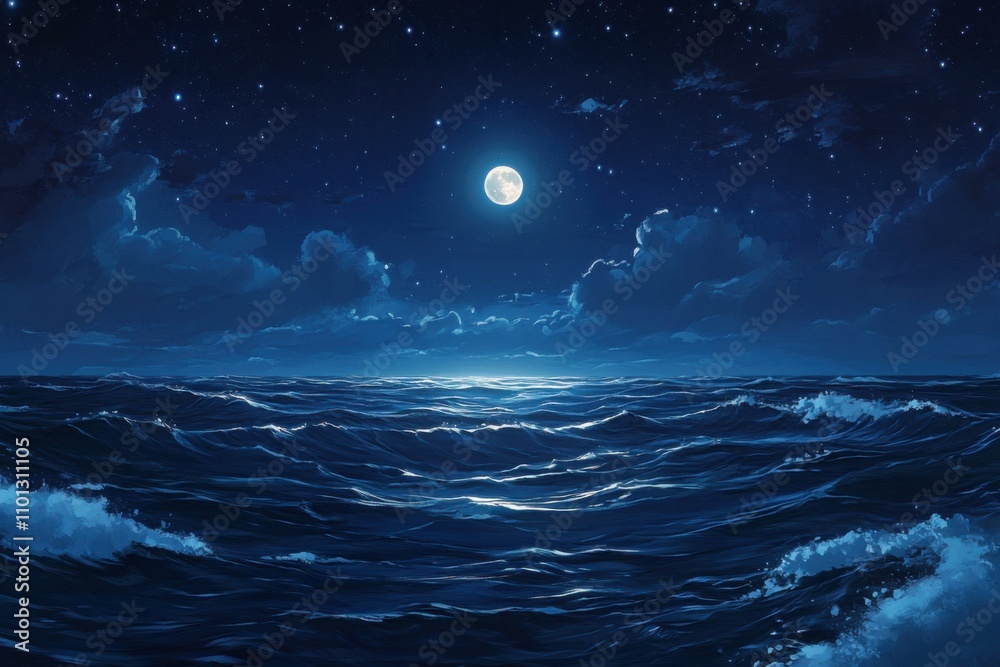 Moonlight illuminating a vast ocean against a midnight blue sky. Celestial beauty highlighting waves and distant stars in a tranquil night scene Moonlight illuminating a vast ocean against a midnight blue sky. Celestial beauty highlighting waves and distant stars in a tranquil night scene