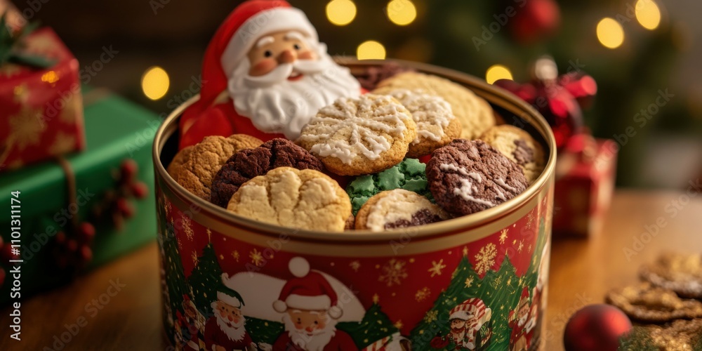 Fototapeta premium Close-up of a holiday-themed cookie tin featuring a Santa Claus design, filled with assorted Christmas cookies, ready to be gifted.