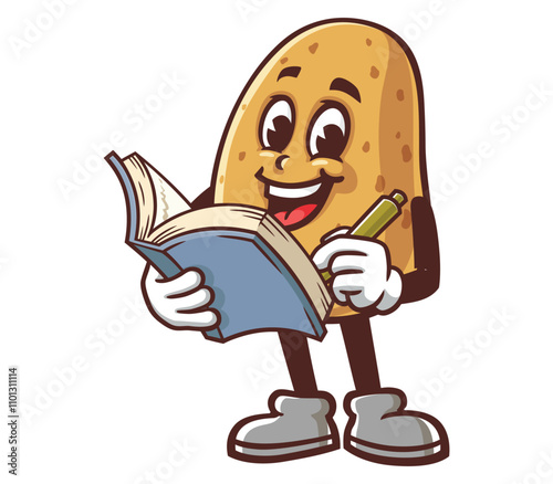 Potato with book,  Cartoon Mascot Illustration Character Vector Clip-art hand-drawn Logo Design