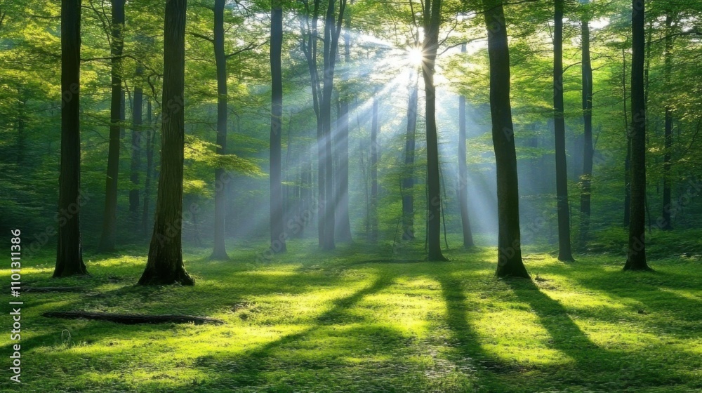 Fototapeta premium Alpine forest with soft sunlight filtering through trees, vibrant greens, calm and serene, lush and dense, sense of peace, beautiful woodland, nature sanctuary.