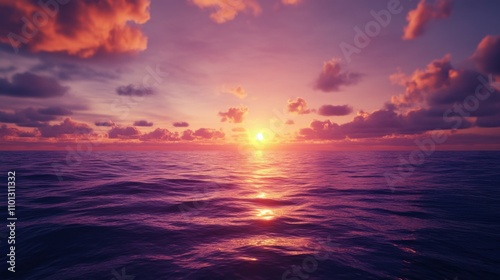 Sunset over a calm ocean, vibrant orange and purple hues, peaceful and surreal, sense of tranquility, soft and dreamlike ambiance