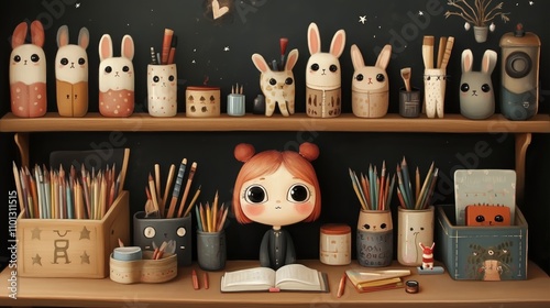 Whimsical art studio with cute dolls and stationery under a magical night sky photo