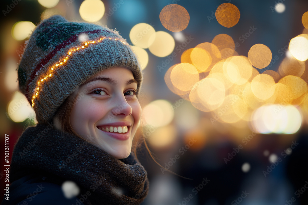 Close-up of a happy person walking through a lively city at night, surrounded by colorful Christmas lights, snowflakes, and festive decorations.
Close-up of a happy person walking through a lively city at night, surrounded by colorful Christmas lights, snowflakes, and festive decorations.