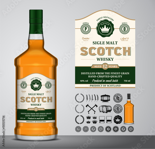 Vector scotch whisky label. Scotch bottle, icons, badges, insignia