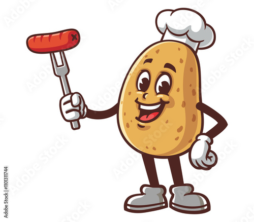 Potato with sausage,  Cartoon Mascot Illustration Character Vector Clip-art hand-drawn Logo Design