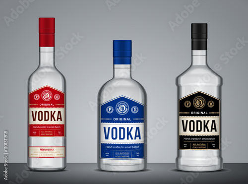 Vector blue, red and black vodka labels and bottles