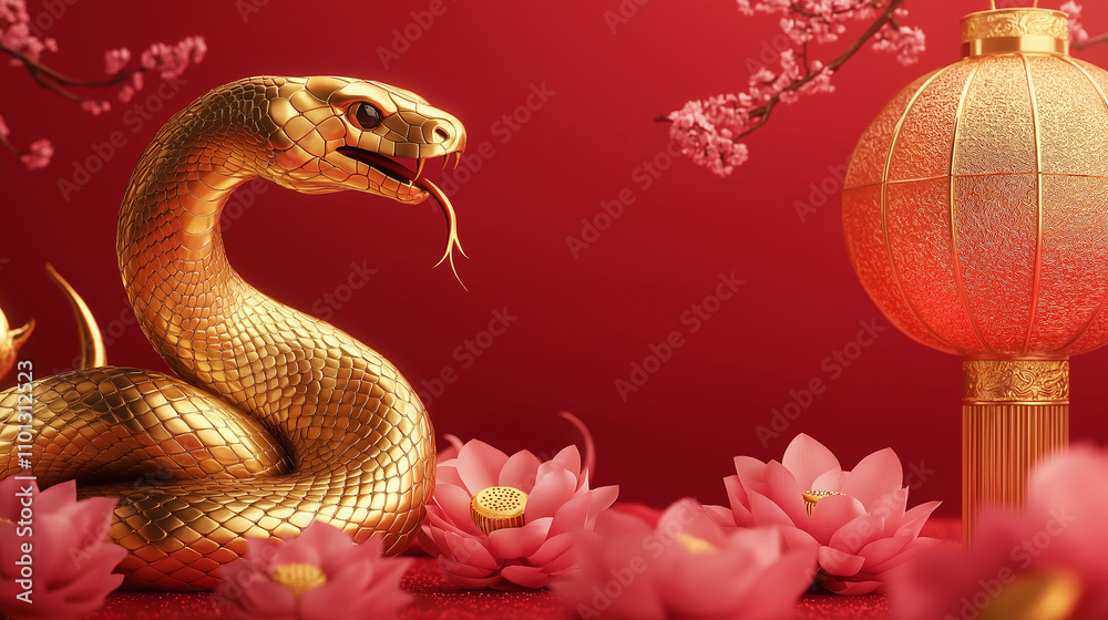 Fototapeta premium Opulent Festivities Golden Snake Amidst Flowers and Lantern Glow
