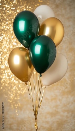 Green, Gold, and White Balloons on a Sparkling Gold Background for Celebration and Party Decoration, photo