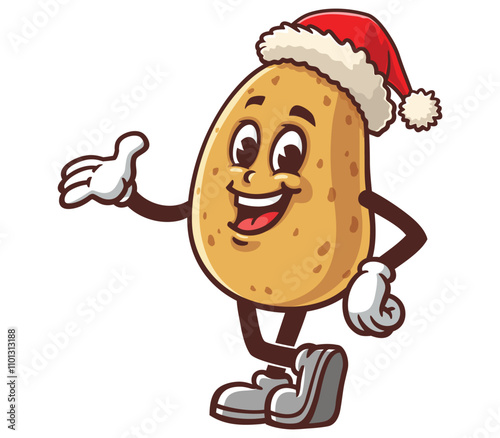 Potato wearing a christmas hat,  Cartoon Mascot Illustration Character Vector Clip-art hand-drawn Logo Design