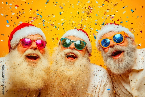 Three Santas in sunglasses and hats