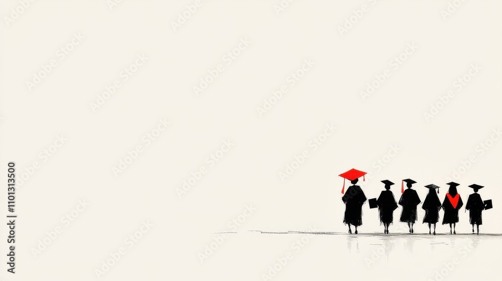 Silhouette of Graduates Walking Away, One with Red Cap, Education Concept Silhouette of Graduates Walking Away, One with Red Cap, Education Concept