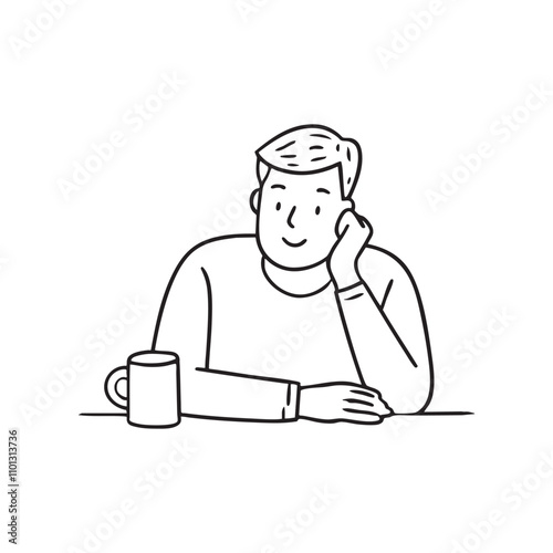 A man resting on his elbow on a table near a coffee mug