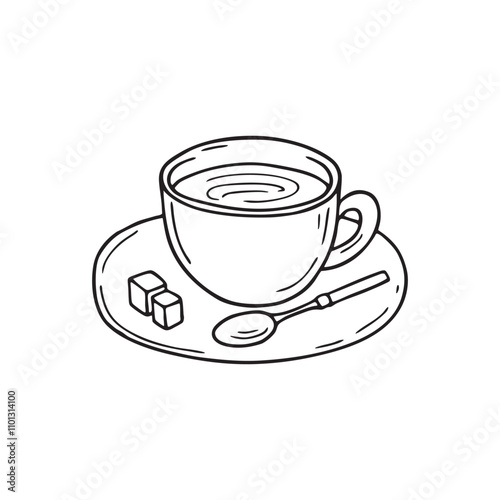 A cup of espresso on a saucer beside a teaspoon