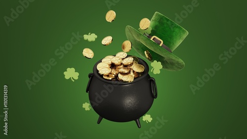 A vibrant 3D render illustration of a leprechaun pot of gold surrounded by clovers. The design celebrates the spirit of St. Patrick's Day with a festive Irish theme. Perfect for holiday promotions.