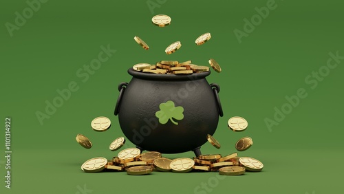 3D render of vibrant and colorful St. Patrick's Day celebration elements including gold coins, green hats and festive clovers. Copy space background to promote Irish culture and seasonal celebrations.