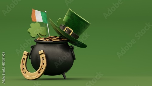 3D render of vibrant and colorful St. Patrick's Day celebration elements including gold coins, green hats and festive clovers. Copy space background to promote Irish culture and seasonal celebrations.