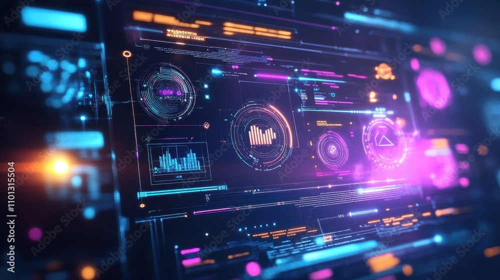 Obraz premium Futuristic digital interface displaying data analytics and visualizations.