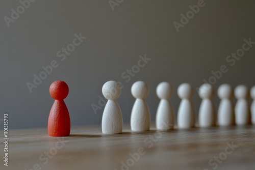 Many wood white one red figures standing close to each other. Diversity and inclusion. Group of wooden figurines. Leadership, community, teamwork and communication concept. Standing out from the crowd