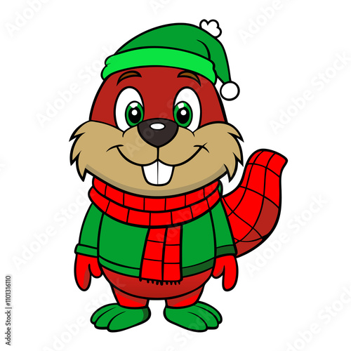 Merry Christmas theme cute cartoon animal wearing Santa Claus hat and scarp on white background  photo