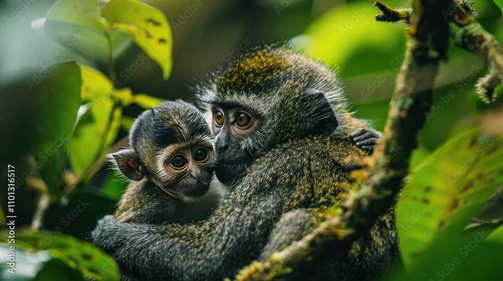 Fototapeta premium photograph of mother and baby monkey in lush jungle setting emphasizing tender moment and natural habitat with vibrant foliage