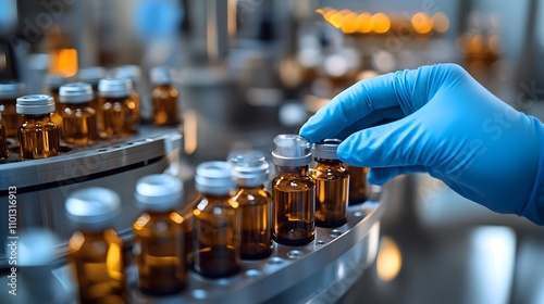 Gloved Hand Handling Amber Glass Vials on a Conveyor Belt photo