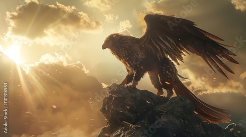 photograph of mythical griffin with eagle head and lion body in regal pose majestic creature stands atop rocky outcrop wings partially spread against backdrop of stormy sky with golden sunbeams photo