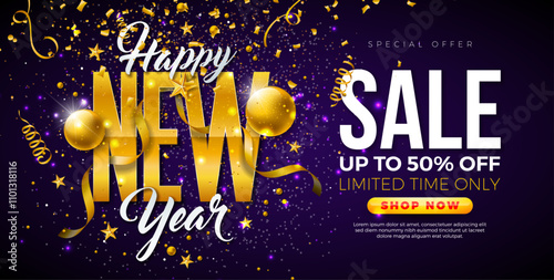 Happy New Year Sale 2025 Design with 3d Gold Typography Lettering, Christmas Ball and Falling Confetti on Dark Background. Holiday Special Offer Campaign Discount Illustration for Coupon, Voucher