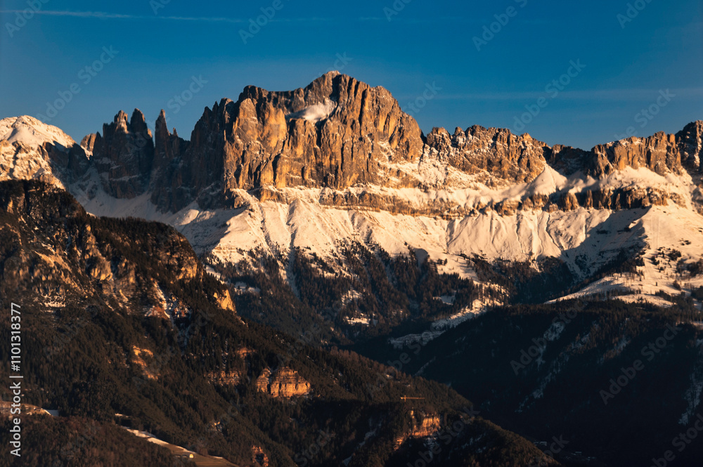 Naklejka premium Discovering the Renon plateau in winter. Breathtaking views of the Dolomites.