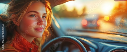 a joyful woman drives her car while enjoying music from the radio a sunny day evident through the cars window capturing the exhilaration of adventure and the joy of the open road photo